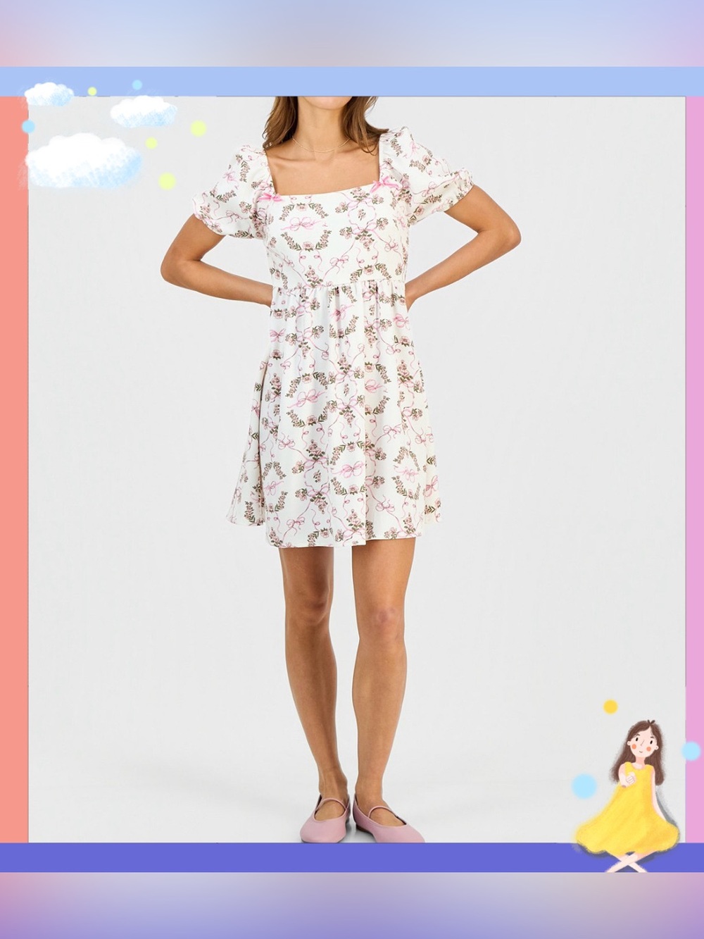 Self Esteem Junior’s Square-Neck Mini Dress Fld/Gardenia Sz S Cottage Boho
